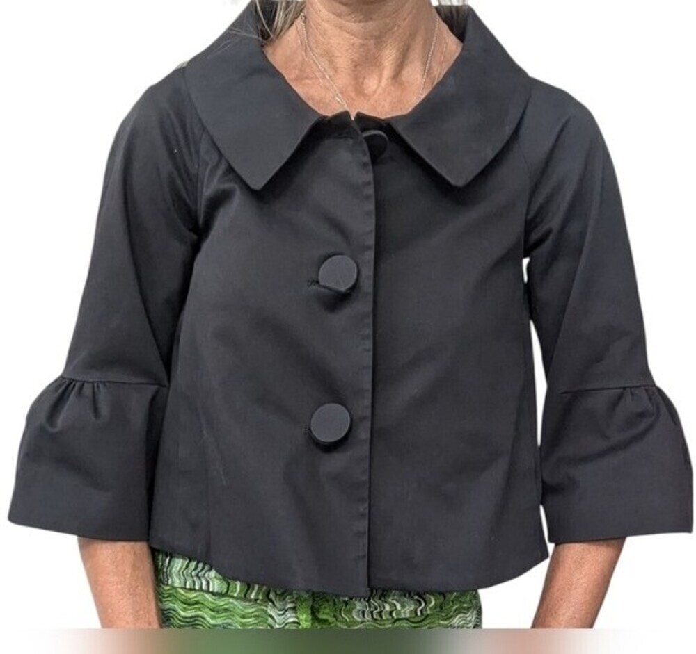 Theory Black Cropped Jacket Petite Bell Sleeve Oversized Collar USA